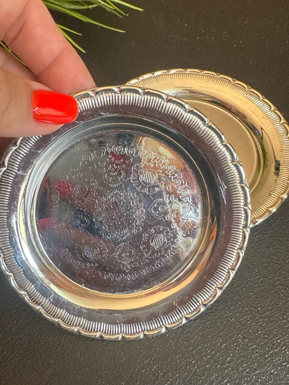 Vintage-Style Embossed Round Metal Coasters - Silver Tone. Set of 6.